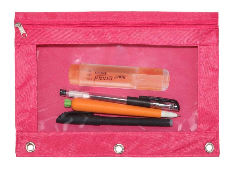 WODISON 3-Ring Pen Pencil Pouch with Clear Window Stationery Bag Binder Case Classroom Organizers Pink - Image 1